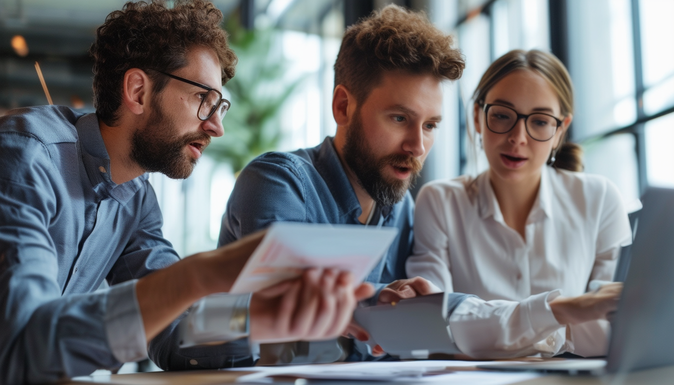 A business team collaborating on a laptop, discuss